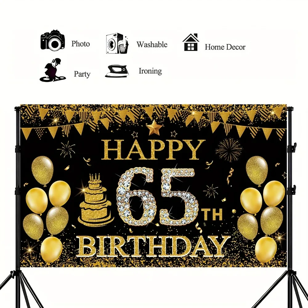 65th Birthday Party Decoration Banner - Black Polyester Backdrop with Gold Balloons & Cake Design for Men and Womenncluded