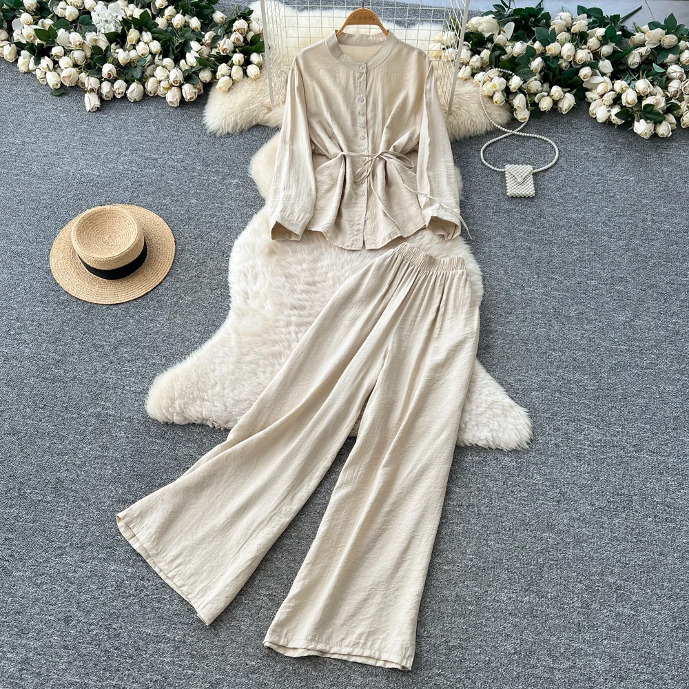 

Women Pant Set Two Piece Sets Full Sleeve Roudn Neck Tops Wide Leg Long Pants Elastic Waist Y2k Streetwear Casual Loose Work