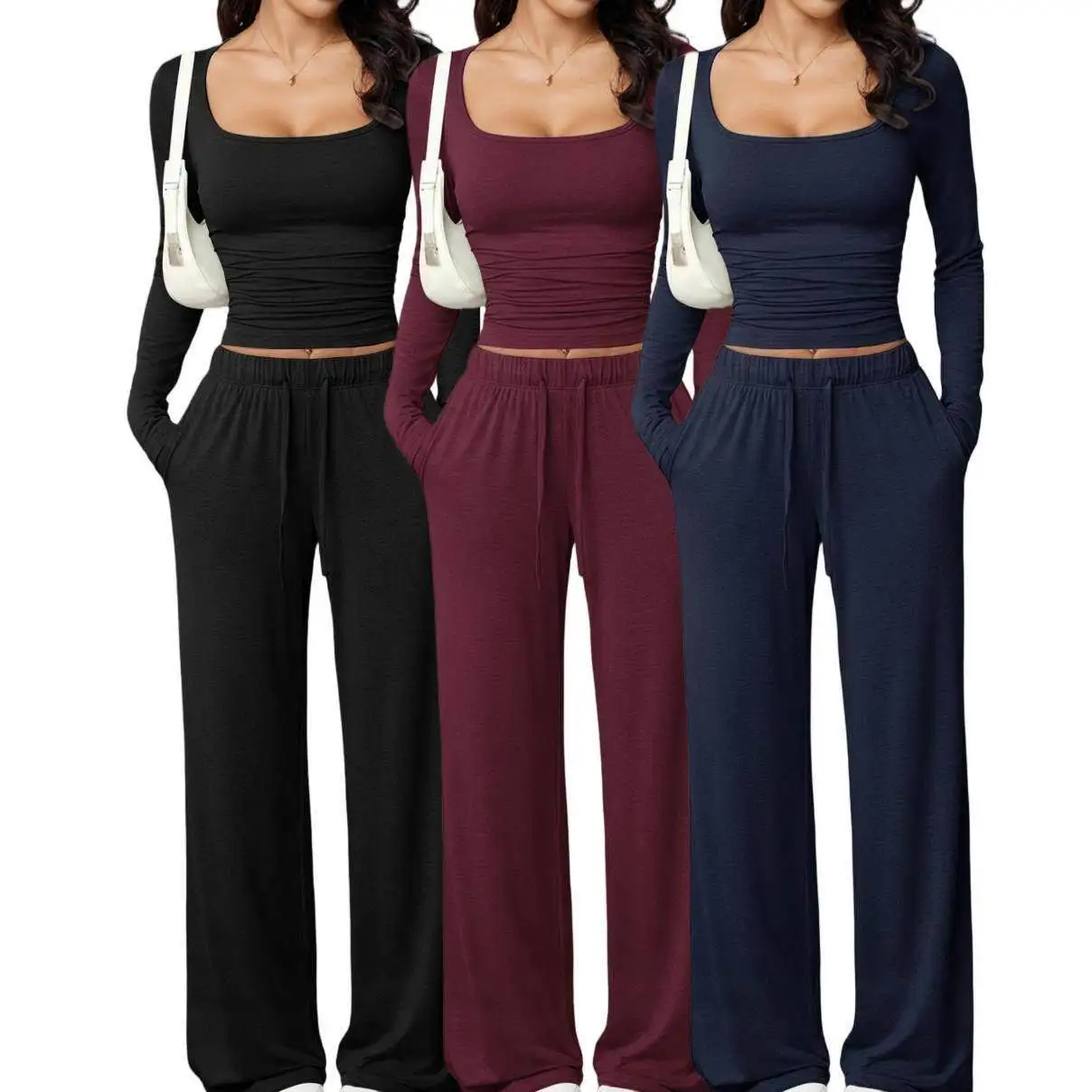 

Autumn New Casual Long Pants Set Square Collar Long Sleeve Short Top Women's Sports Wear Three Piece Set Pure Color T-Shirt