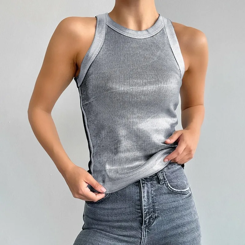 

2024 Spring Women's Fashion Slim Silver Pullover Knitted Tank Top Temperament Commuting Female Elegant Sleeveless T-shirt