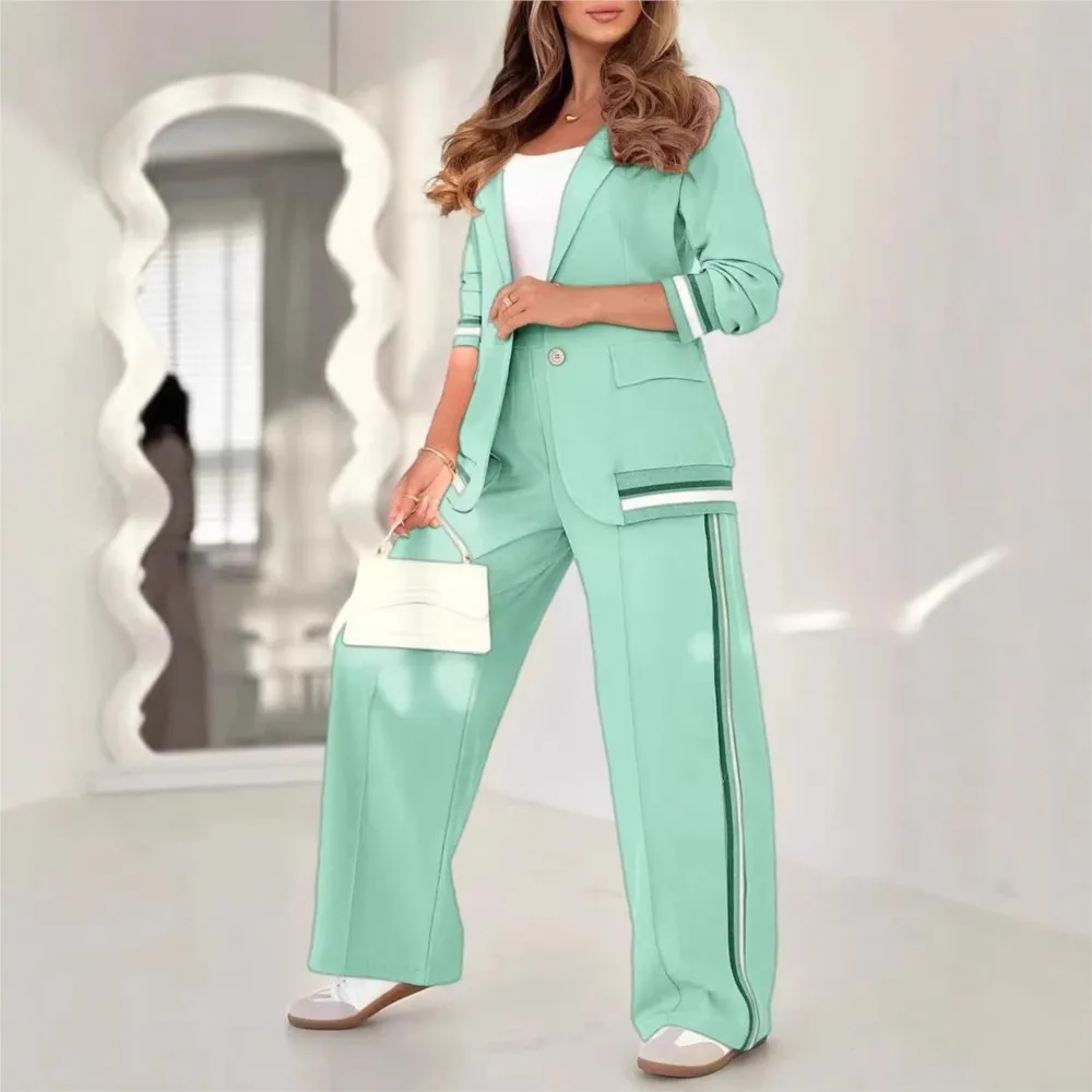 

2025 Fashion Women's Pants Set Solid Color Long Sleeve Lapel Coat Casual Stripe Trousers Temperament Commuter 2-Piece Set Suit