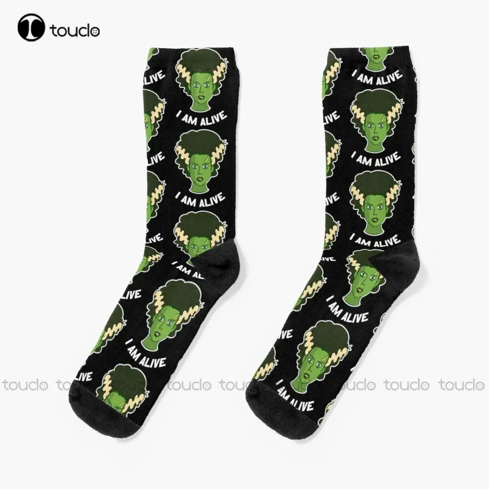 

Bride Of Frankenstein Head Cool Comic Look With Saying "I Am Alive" Socks Slipper Socks Men 360° Digital Printing Streetwear