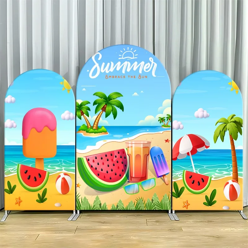 

Arch Backdrop Cover Single Side Summer Beach Watermelon Popsicle Palm Trees Ocean Party Decoration Photo Booth Background Event