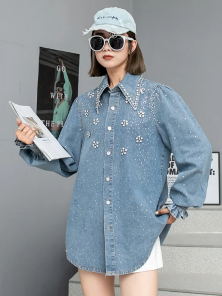 Chic Women Diamonds Beaded Flowers Denim Blouses Rhinestones Jeans Shirts Sequined Cardigan Crystal Outwear Drilling Tops Blusas