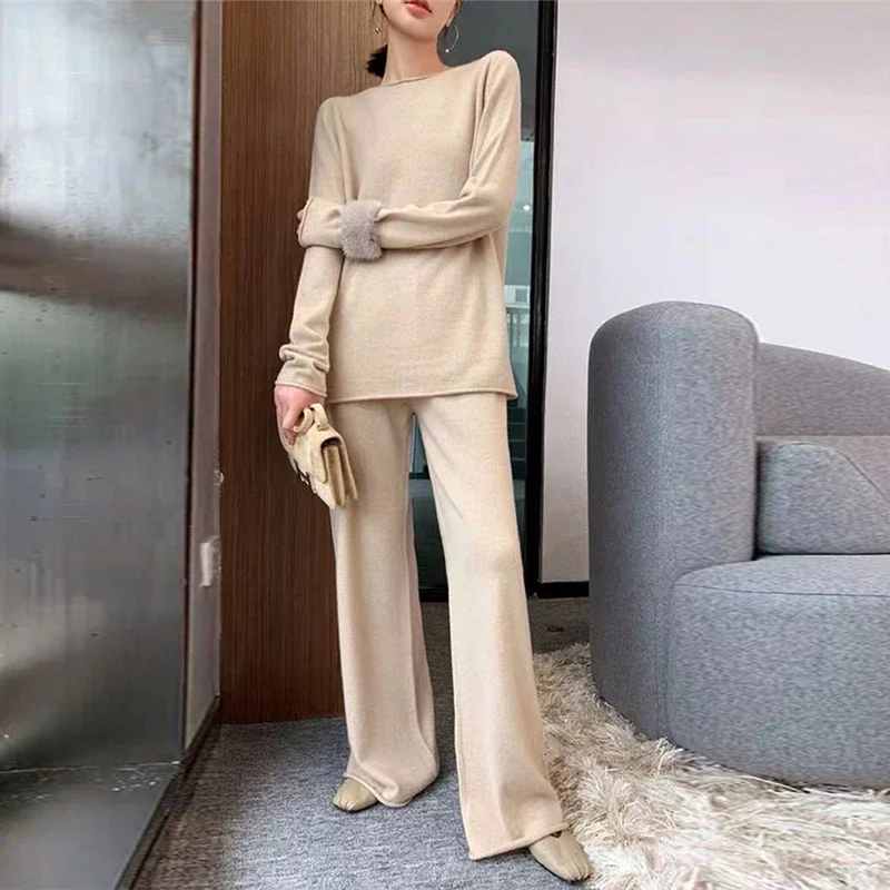 Chic Cashmere Sweater + Wide Leg Pants Women Elegant Winter Fall Business Pants Sets Ladies Streetwear Luxury Knit 2 Piece Sets