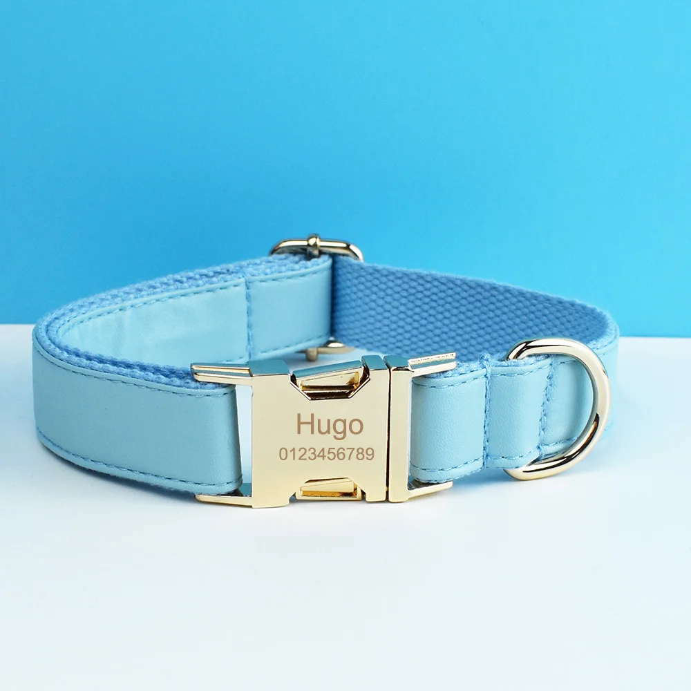 Blue PU Leather Dog Collar And Leash Set For Dogs Custom Engraved Nameplate Pet Supplies Dog Leash PU06