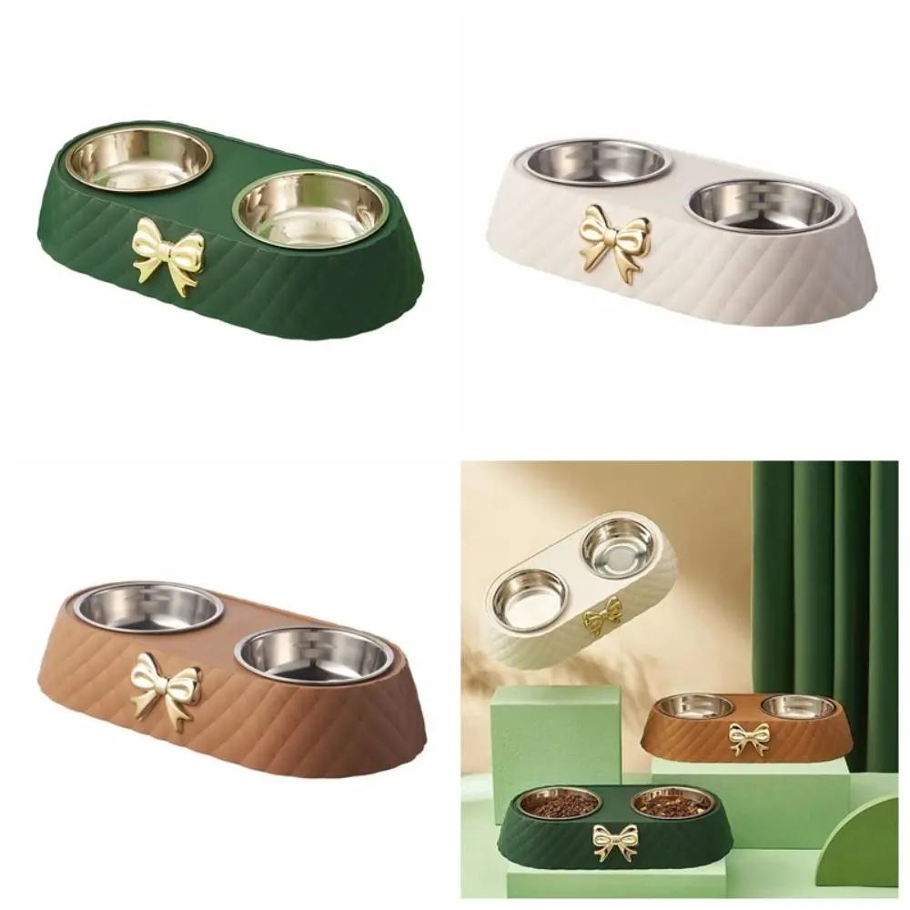 Cat Food Bowl PP Bow-tie Cat Feeder Stainless Steel Double Bowl  Dog Food Container Pet Accessories