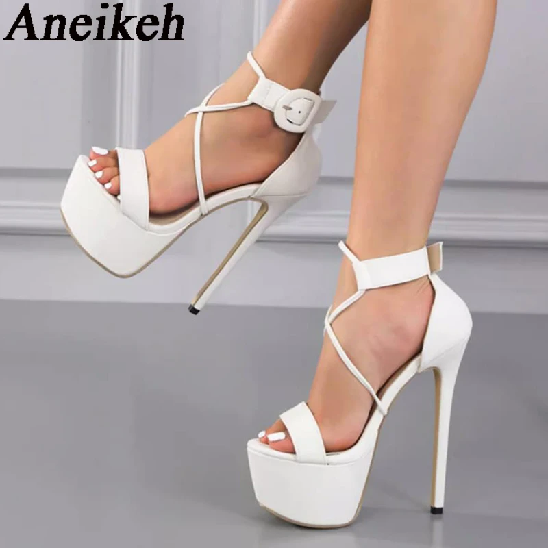 Aneikeh 2023 Sexy High Heel Women Shoes Open Toe PU Solid Ankle Buckle Strap Platform Sandals Ladies Nightclub Party Dress Pumps