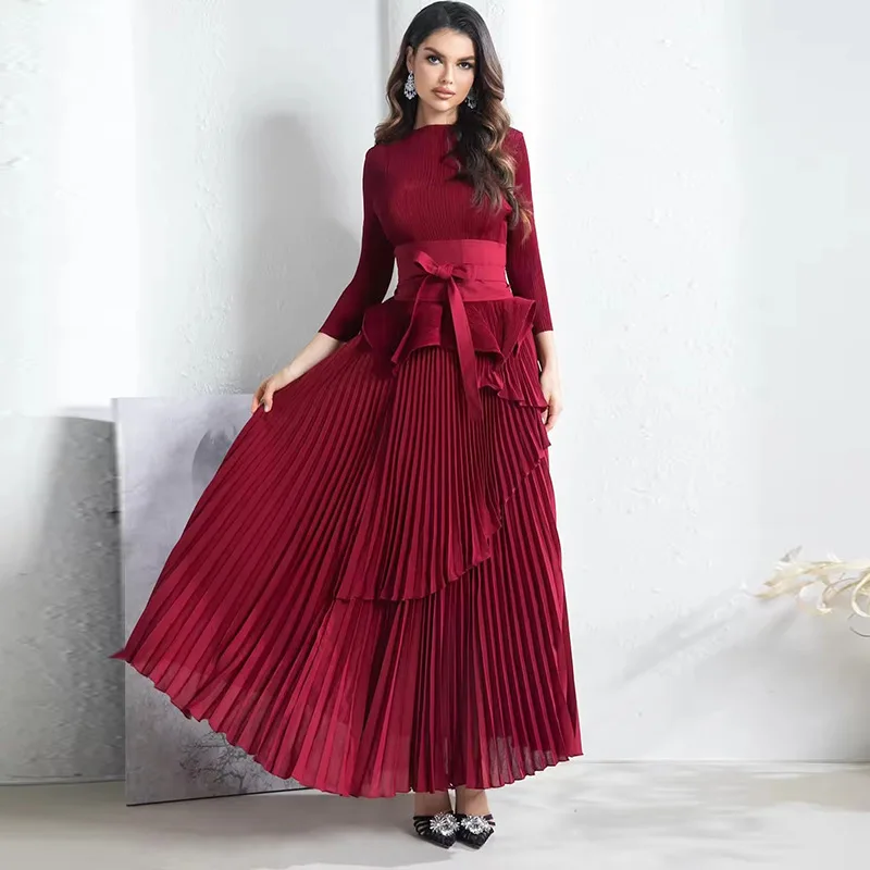 New Pleated Trend Party 2-Piece Sets Women O-neck Irregular Belt Long Sleeves Tops Long Skirt High Waist Wedding Birthday Gown