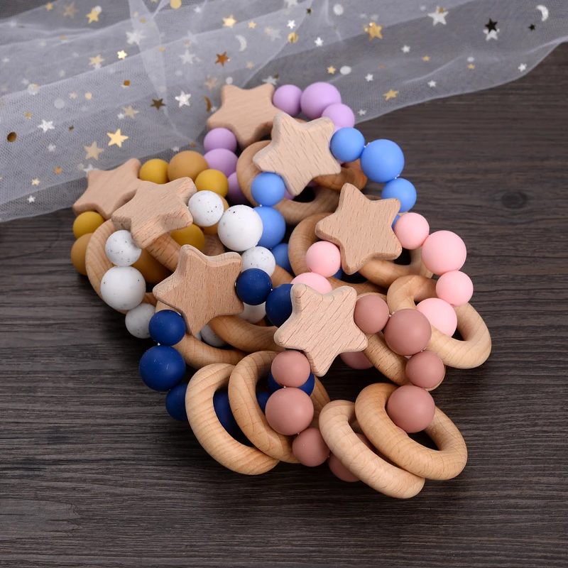 Baby Wooden Teether Bracelets Beech Wood Pentagram Crafts Ring Baby Silicone Beads Rattles Teething Ring Infant Nursing Toy