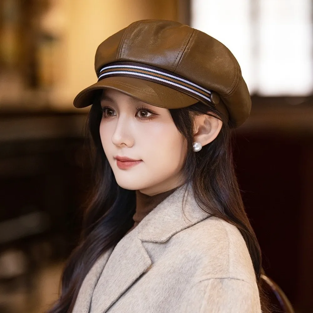 レトロストライプPUレザーベレー帽暖かい防風八角帽子フラット韓国スタイルペインターハットアウトドア