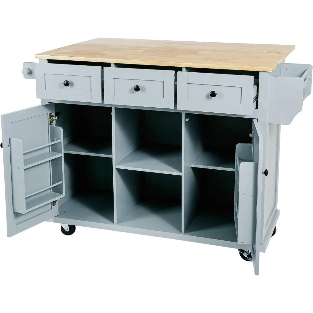 53.10" Kitchen Cart on 5 Wheels with Storage Cabinet, Mobile Kitchen Island with Rubberwood Drop-Leaf Countertop