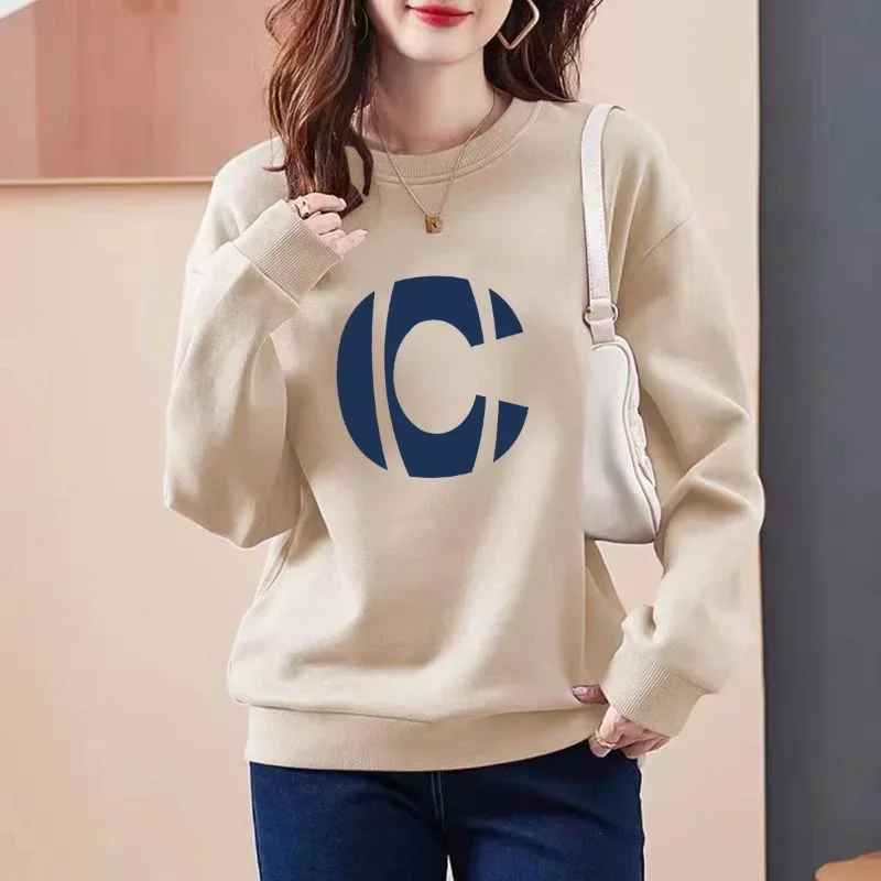 

2024 Autumn/Winter New Round Neck Long Sleeve Printing Spliced Letter Slim Wild Office Lady Comfortable Loose Versatile Top