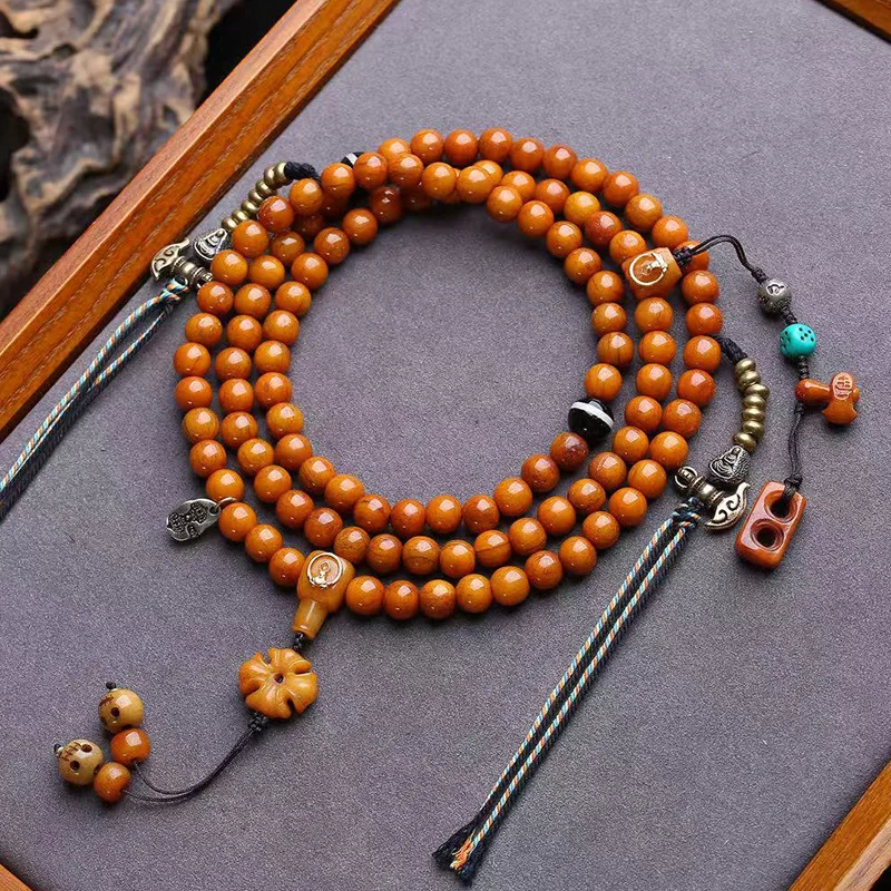 Hand-Held 108-Bead Buddhist Rosary Made Of Yak Bone With Agate And Copper Beads