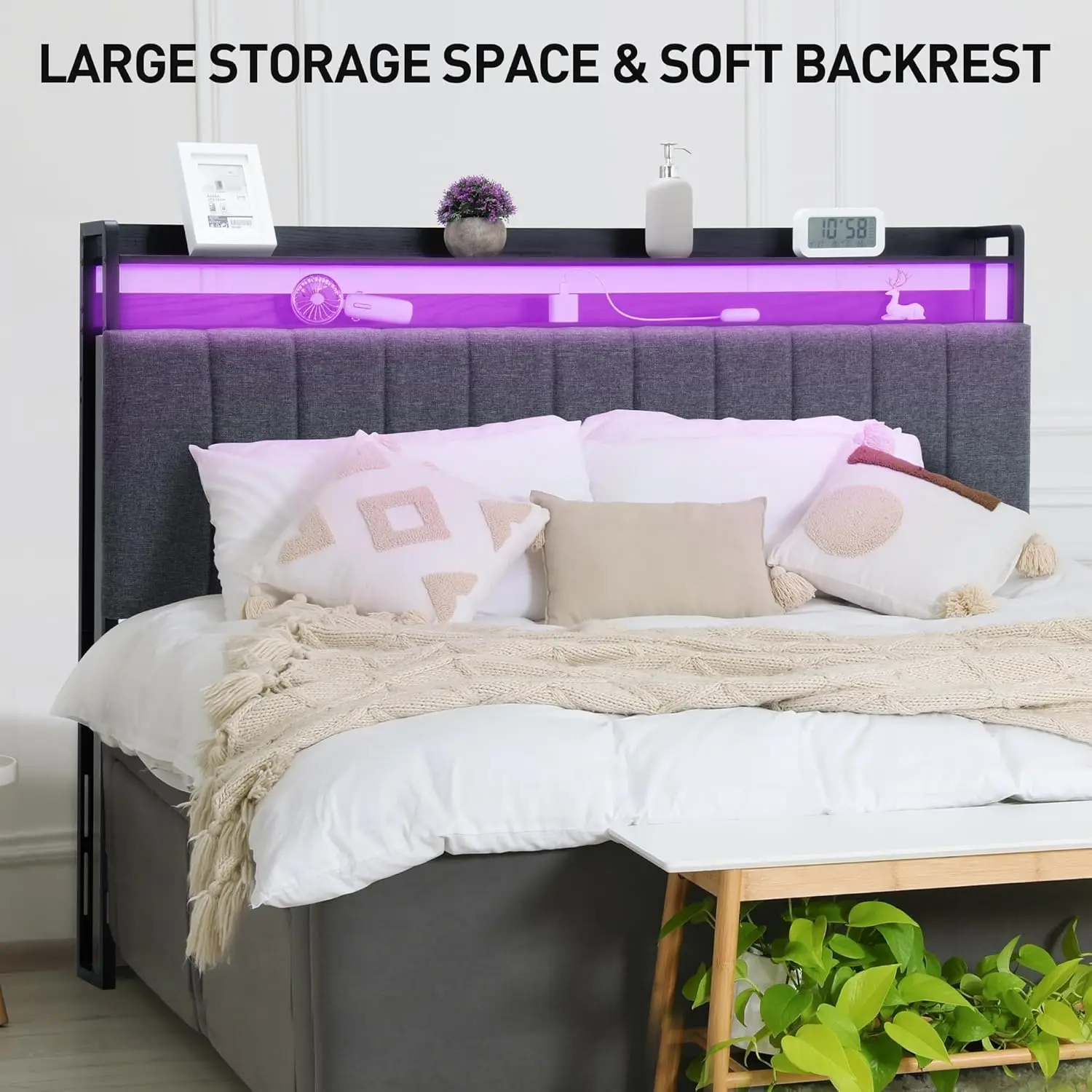 W/LED Lights & Charging Station,Linen Upholstered Headboard for Queen Size Bed W/2-Tier Open Shelves Storage,Height Adjustable