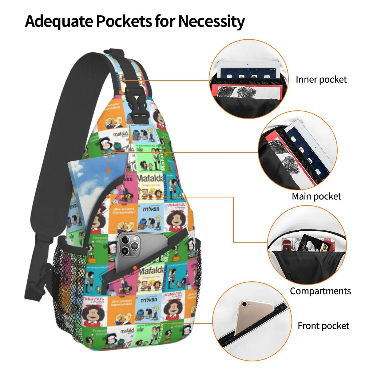 Anime Plaid Mafalda Crossbody Sling Bags for Men Women Chest Bag Shoulder Backpack Daypack for Travel Hiking Sports Bookbag