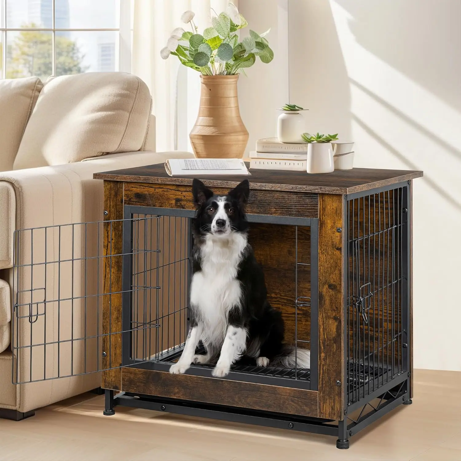 Shintenchi Wooden Dog Crate Furniture for Large , L Double-Door Kennel Indoor with Removable Tray,