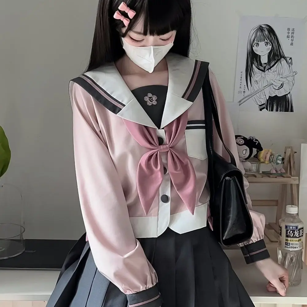 JK Short Skirt Suit Navy Collar Bow Collegiate Style Long Sleeve Girl Pink Grey Sailor Clothes Goldfish Bow Tie Kawaii Sweet