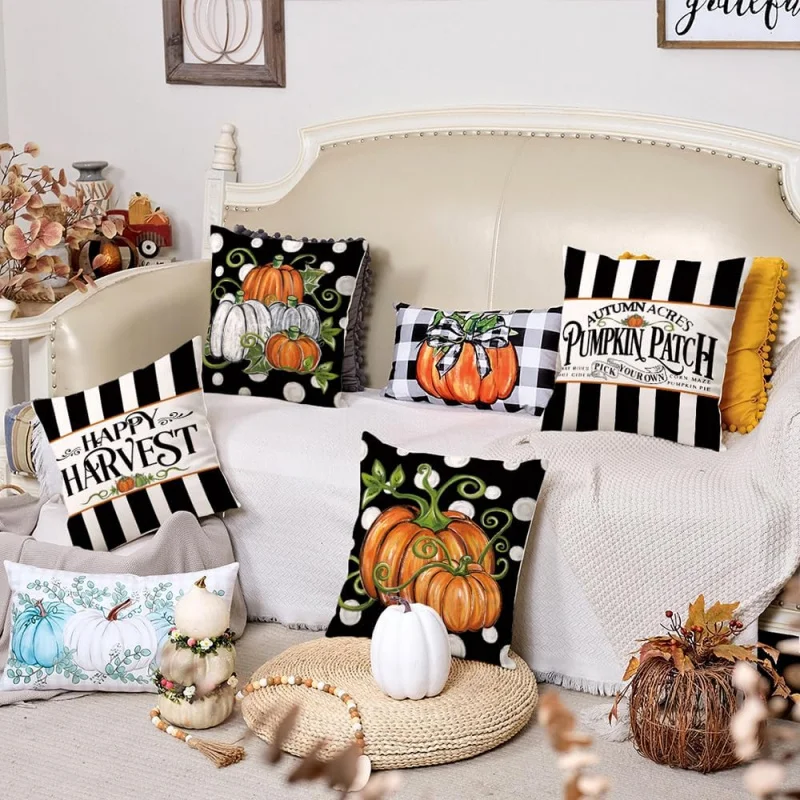 Autumn Harvest Pumpkin Pillow Set with 4 Thanksgiving Day Decorations Farmhouse Home Decor Cushion Set