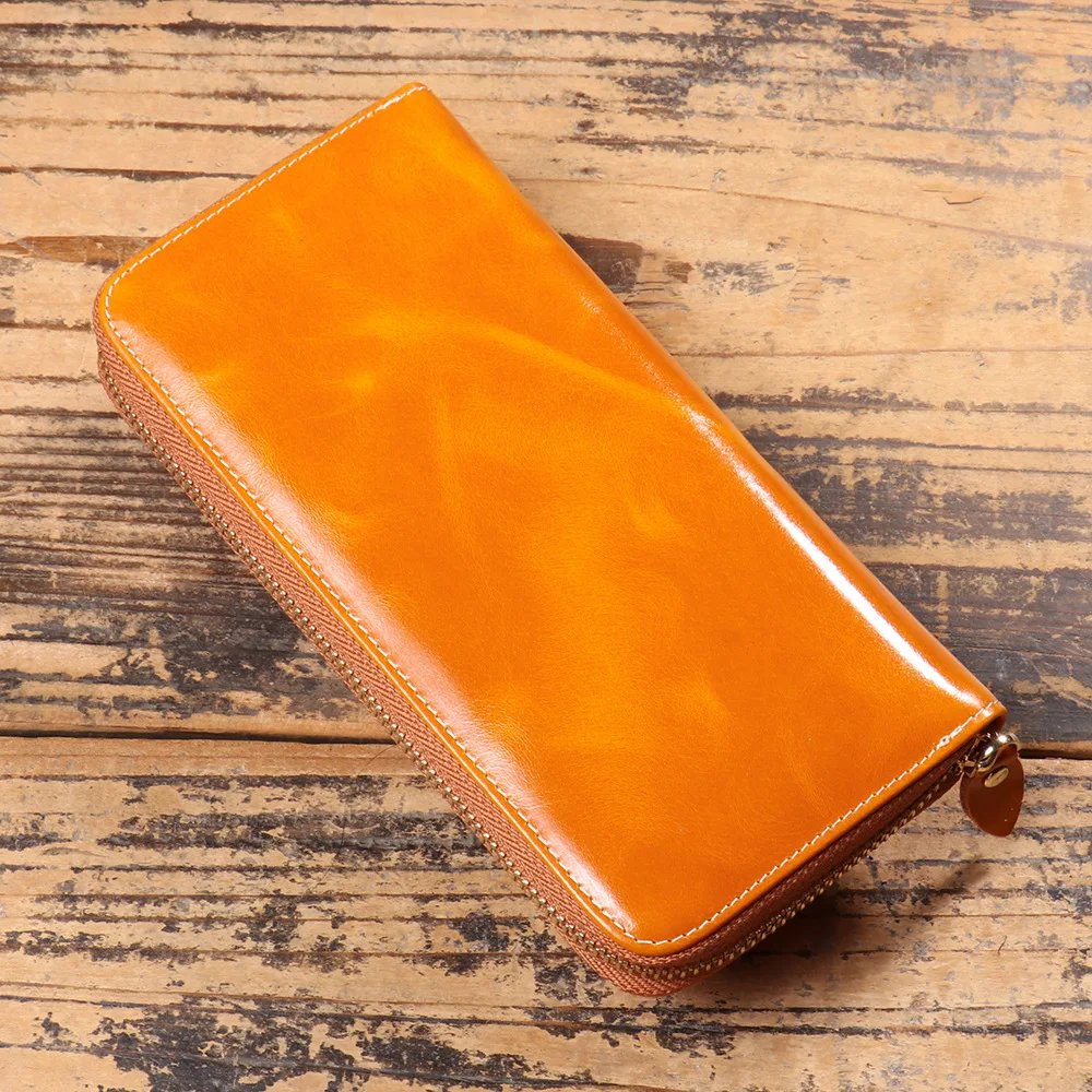 LJ-3315 Ladies' Leather Long Zipper Handbag, Oil Wax Leather Wallet, Cowhide Coin Purse, Multi Slot Card Bag