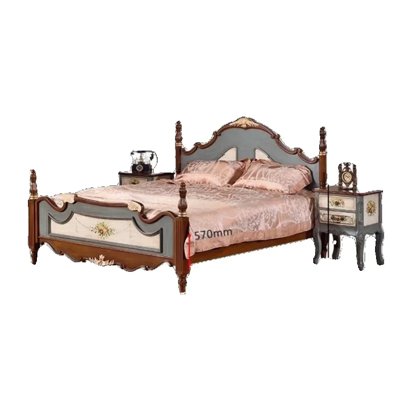Painted bed bedroom Mediterranean style 1.8 meters 1.5 meters double bed Small apartment retro solid wood bed
