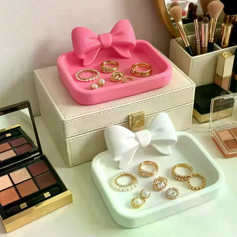 Cute Bow Decor Large Capacity Jewelry Storage Tray Smooth Vanity Organizer for Bathroom Countertop Dressing Table Decor