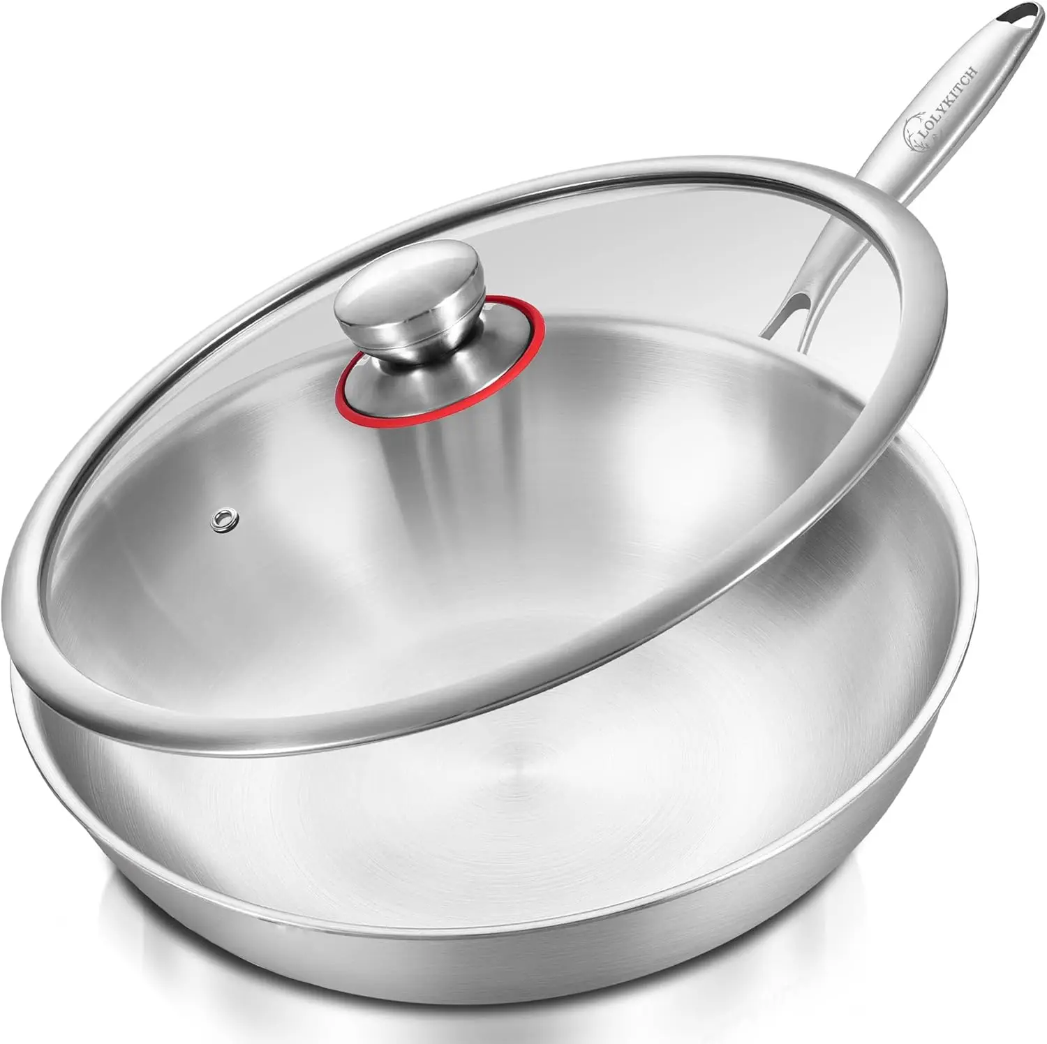 

13-Inch Stainless Steel Wok Pan with Lid, Induction Compatible, Dishwasher & Oven Safe