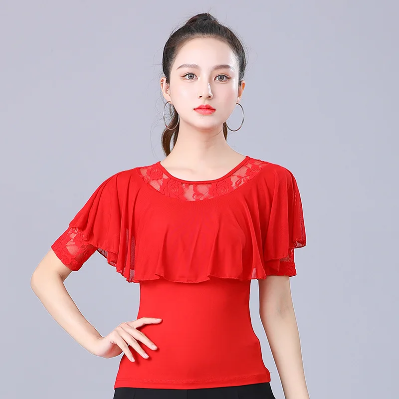 Top de vals moderno para danza cuadrada, ropa de baile femenina con cuello redondo, traje de baile latino con volantes, salón de baile de verano