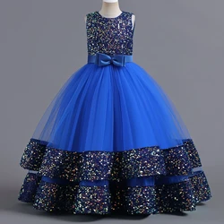 New Sequins Youth Girls Dress Bow Princess Dress Wedding Flower Child Piano Performance Graduation Party Long Dress