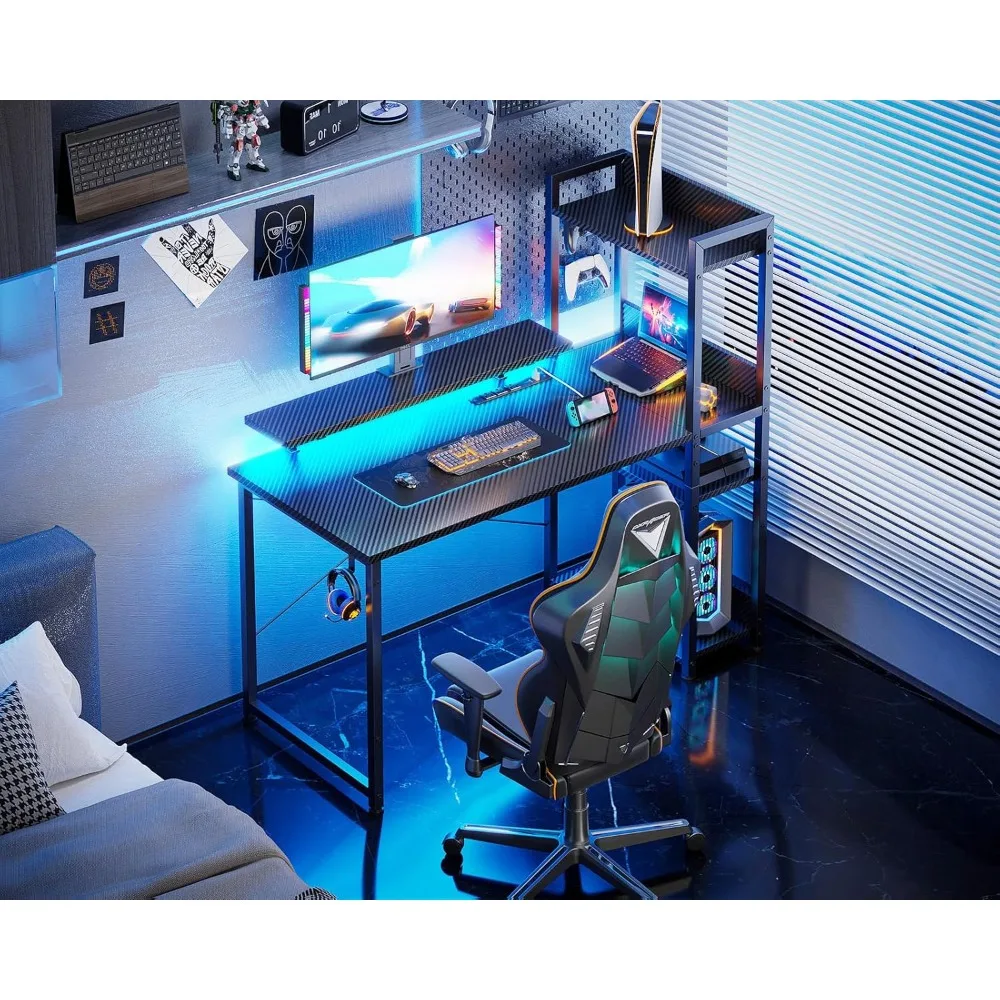 

Reversible Gaming Desk with USB Charging Port and LED Lights, 40 Inch Computer Desk with Storage Shelves & Monitor Stand, Study