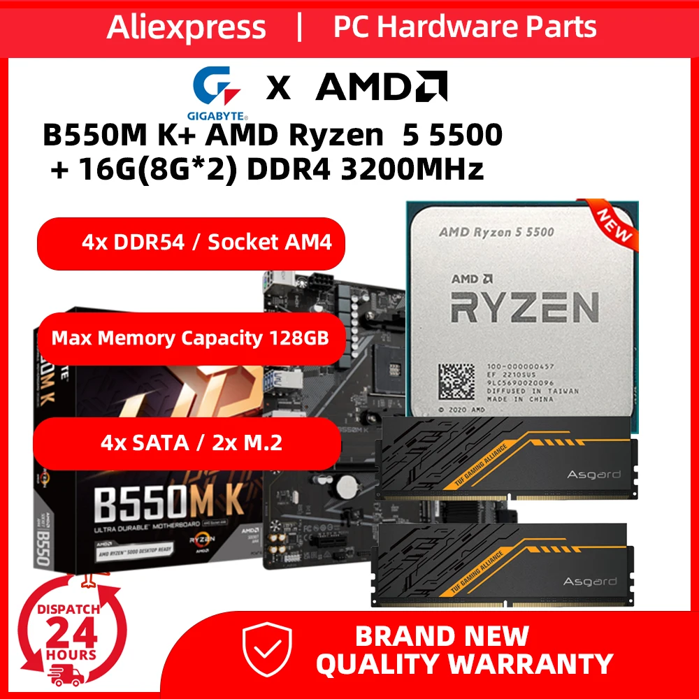 AMD Ryzen 5 5500 with GIGABYTE B550M K Motherboard and 16G(8G*2)  DDR4 3200 RAM CPU AM4  place mae 5500 processor memories kit