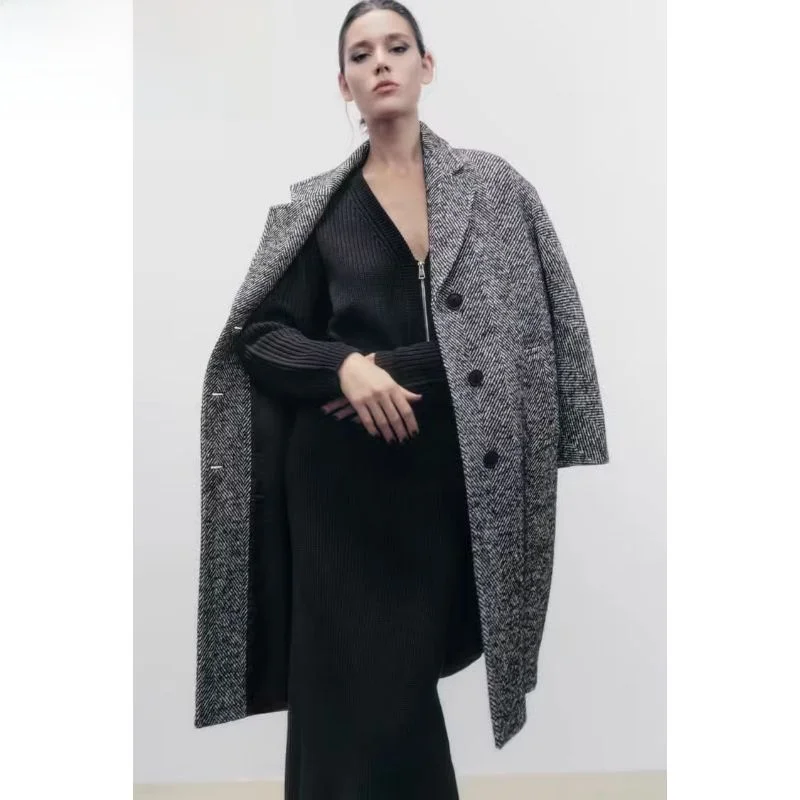 

Autumn New Arrival Women's Mid-Length Houtooth Coat Jaet Sweet Sle Regular Sve Long Sve Single Button Closure