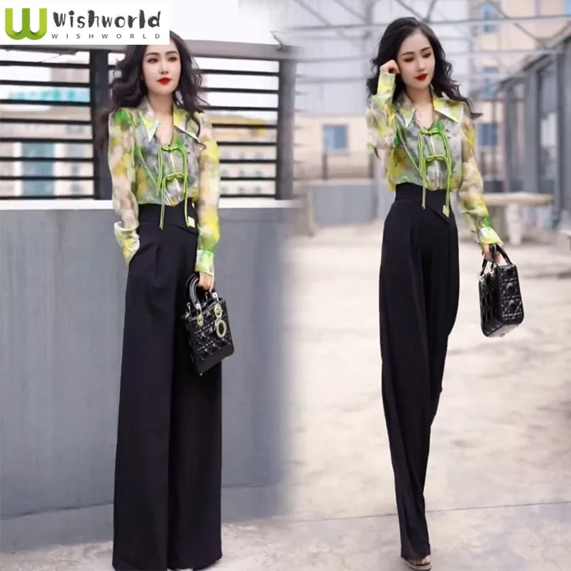 

Temperament Fashion Set Women's Spring/Summer Printed Perspective Chiffon Shirt Slimming Wide Leg Pants Two Piece Set