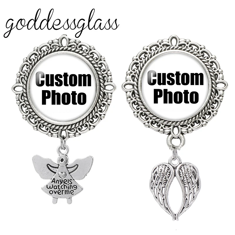 Personalize Custom Lace Round Brooch Pin Angel Wings Hearts Love Charms Photo Wedding Family Anniversary Grandma Collar Badge