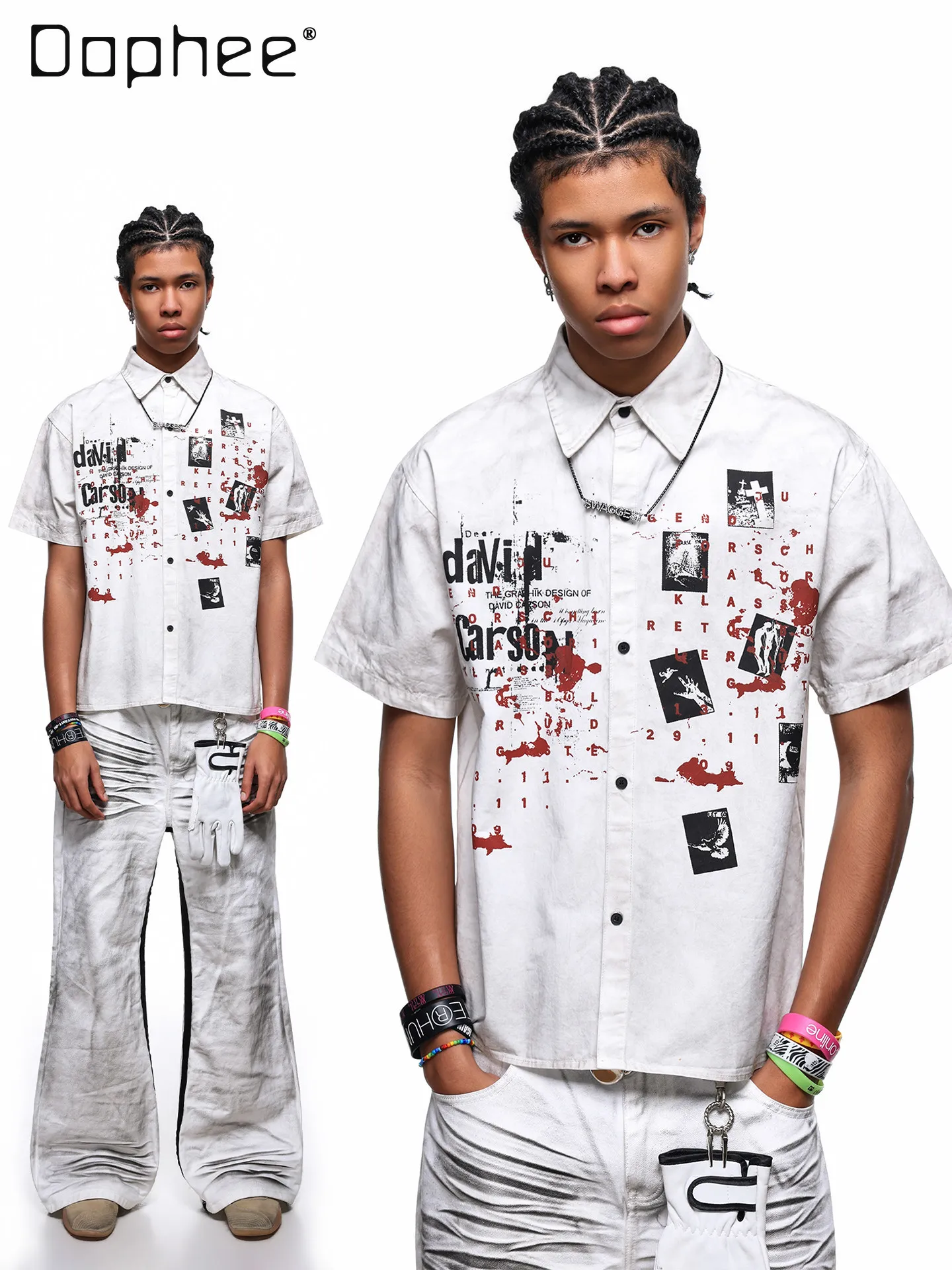 Men's American Street Style Vintage Lapel Short Sleeve Shirt Letter & Red Graffiti Print Loose Casual Summer Daily Wear Blouse