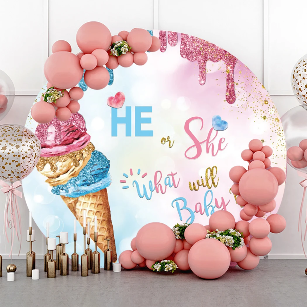 Circle Round Backdrop Custom Boy or Girl Background for Photo Studio Gender Reveal Party Ice Cream Prince or Princess Banner