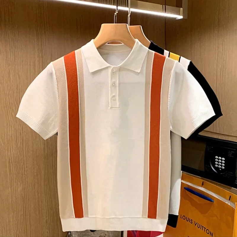 High Quality Knit Slim Polo Shirt Mens Vintage Striped Embroidery Knitted Tops Summer Casual Turn-down Collar Short Sleeve Polo