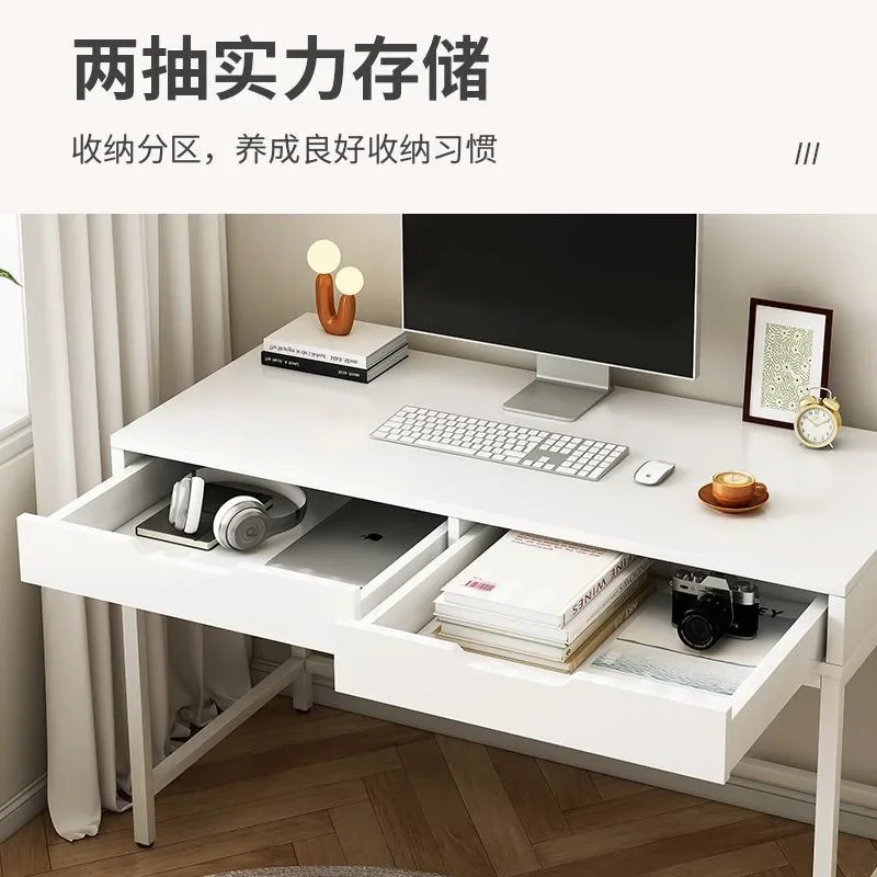 Home Computer Desk with Storage Shelves Modern Executive Study Write Bedroom Single Office Desk with 2 Drawers Work Furniture