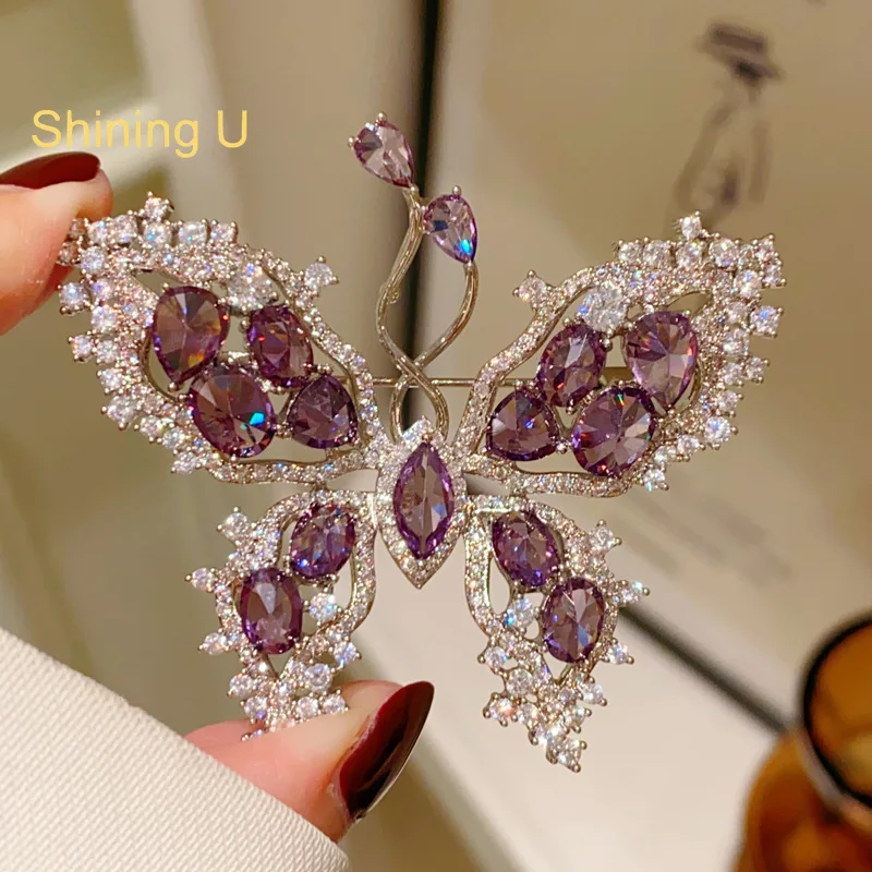 Shining U Luxury Violet Gems Butterfly Brooch for Women Fashion Accessory Gift