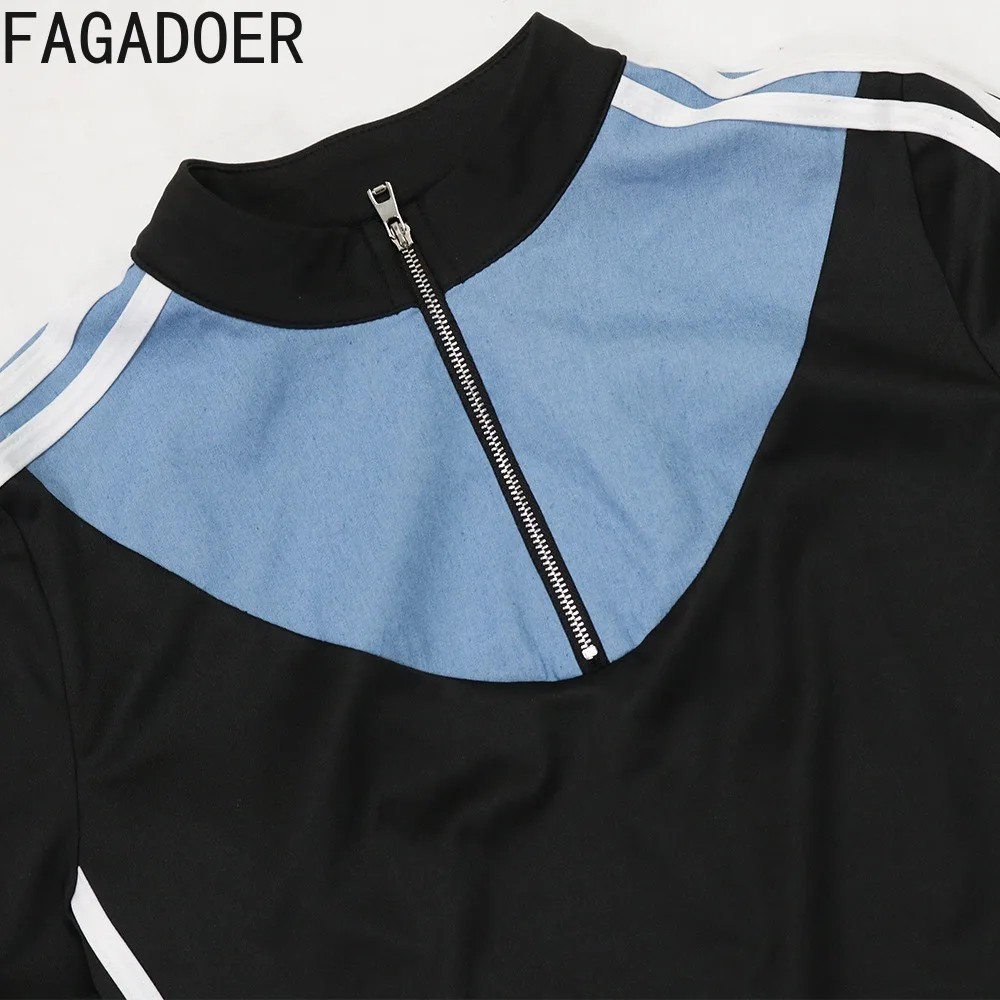 FAGADOER Fashion Color Stitching Short Sleeve Slim Dresses Women V Neck Zipper Slim Vestidos Casual Female Solid Streetwear 2024