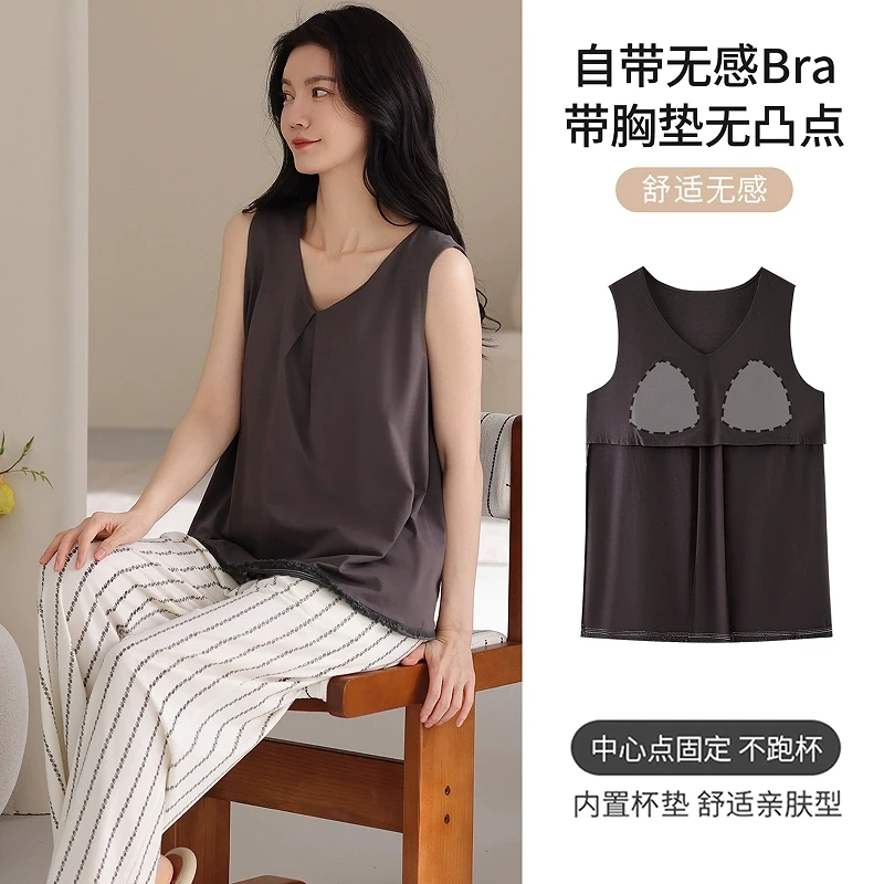 Cotton sleepwear for women, 2026 new summer sleeveless vest, long pants, thin design, cool feeling, can be worn externally with