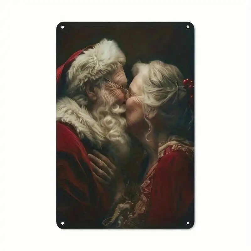 Vintage Santa and Mrs. Claus Wall Decor - Heavy-Duty Metal Christmas Sign with Warm Santa Kiss Embrace Scene - Indoor/Outdoor H