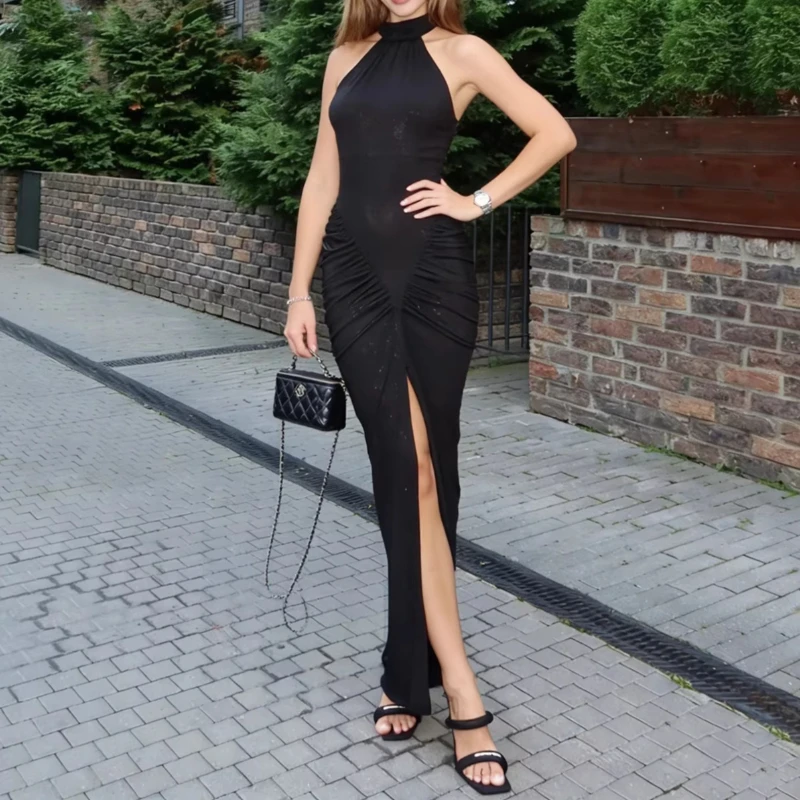 

2026 New Women's High Neck Halter Slim Fit Elegant Pleated Party Sexy Long Dress
