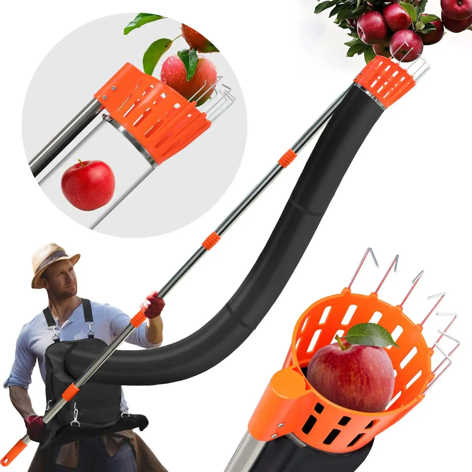 Hot（2026）13Ft Motorized Adjustable Segmented Telescopic Fruit Picker Pole Collection Bag 1-Year Warranty-Professional Orchard Ha