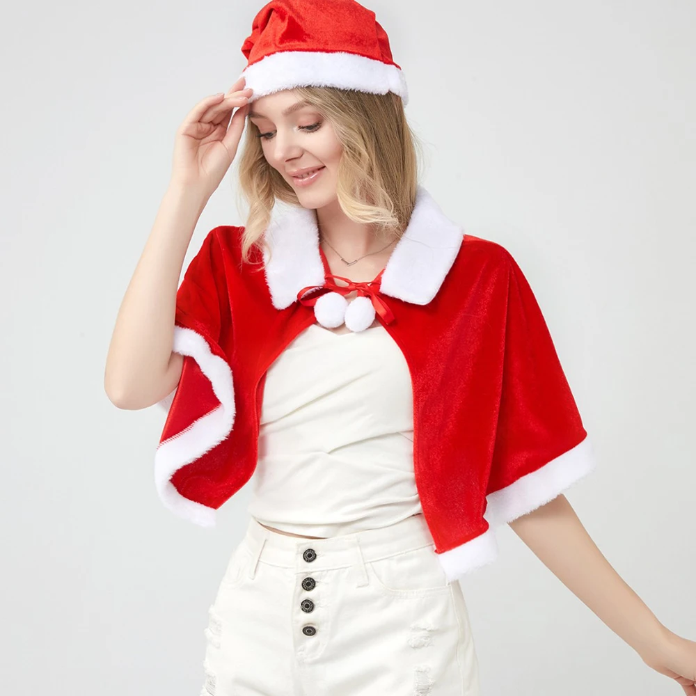 

Красная бархатная рождественская накидка, комплект шляпы, женский плащ Санта-Клауса, рождественская шаль с капюшоном на шнуровке, вечерние карнавальный костюм, накидка Санта-Клауса, накидки
