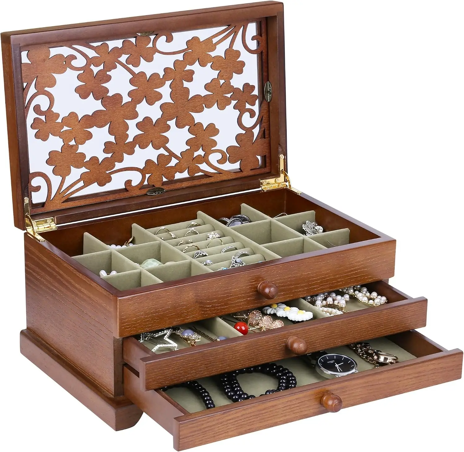 Jewelry Box for Women, Real Wooden Jewelry Holder Organizer Box with Four Leaf Clover Patterns, Graduation Gift Jewelry Boxes for Storage Earrings Rings Bracelet, Ideal Gift for Mom