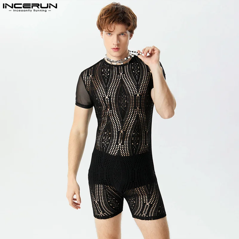 INCERUN 2024 American Style Men\'s O-neck Rompers Fashion See-through Lace Patchwork Jumpsuits Sexy Short Sleeved Bodysuits S-3XL