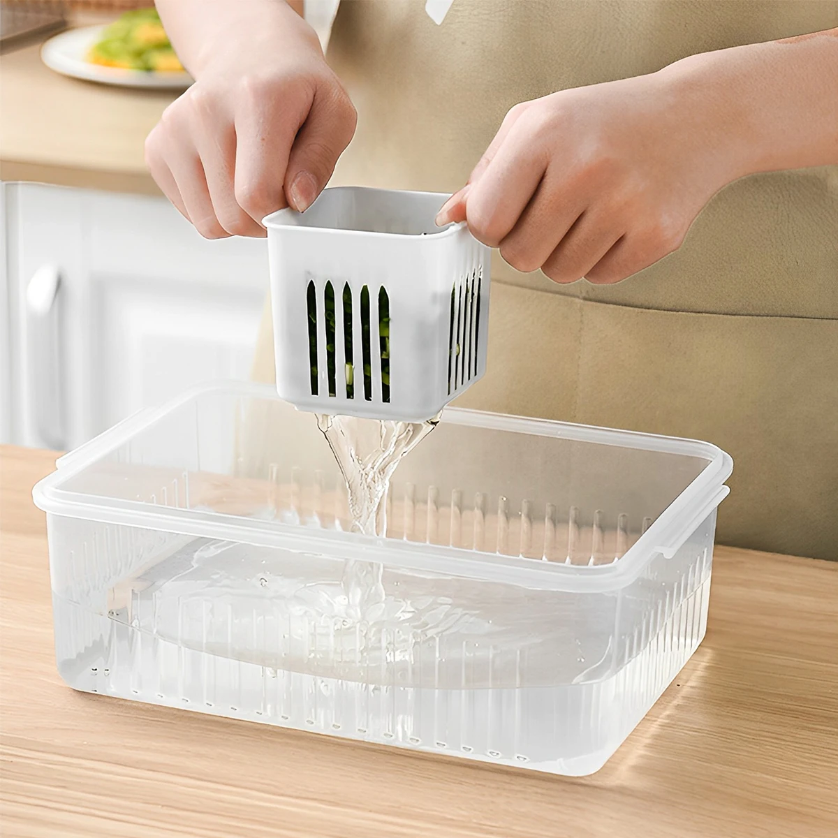 Scallion Preservation Box with Lid and 6 Grids Draining Crisper Portable Scallion Storage Box  for Kitchen Refrigerator Food