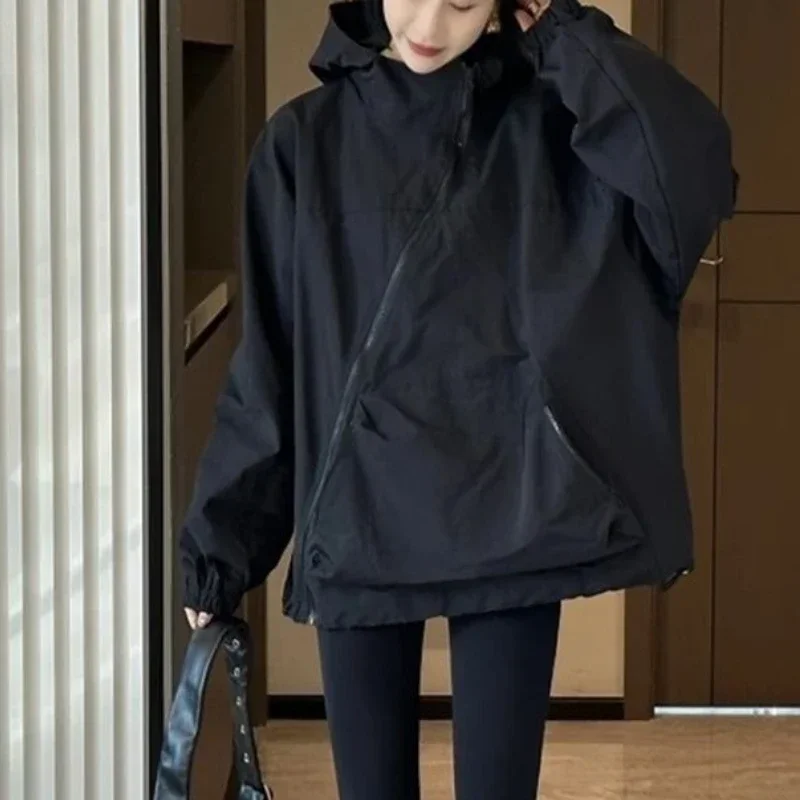 

Женские куртки с капюшоном, диагональная молния, дизайн, винтажные осенние мешковатые модные куртки в стиле BF, уличные Chaqueta Mujer, универсальные женские куртки для отдыха