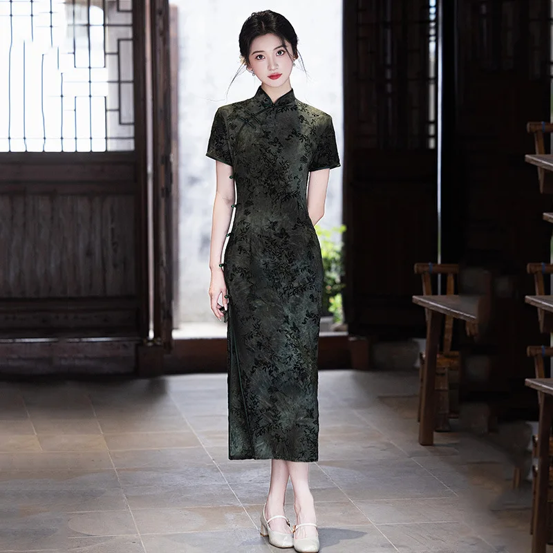 

Длинное платье Ципао в китайском стиле, улучшенное молодое платье Ципао в китайском стиле, 2023 г., новое женское летнее платье Ципао в стиле ретро с короткими рукавами